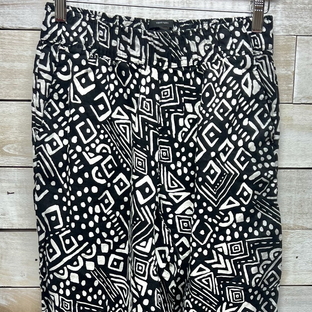 Tahari Wide Leg Linen Pants Womens Medium Black White Elastic Waist Pockets - Picture 2 of 9